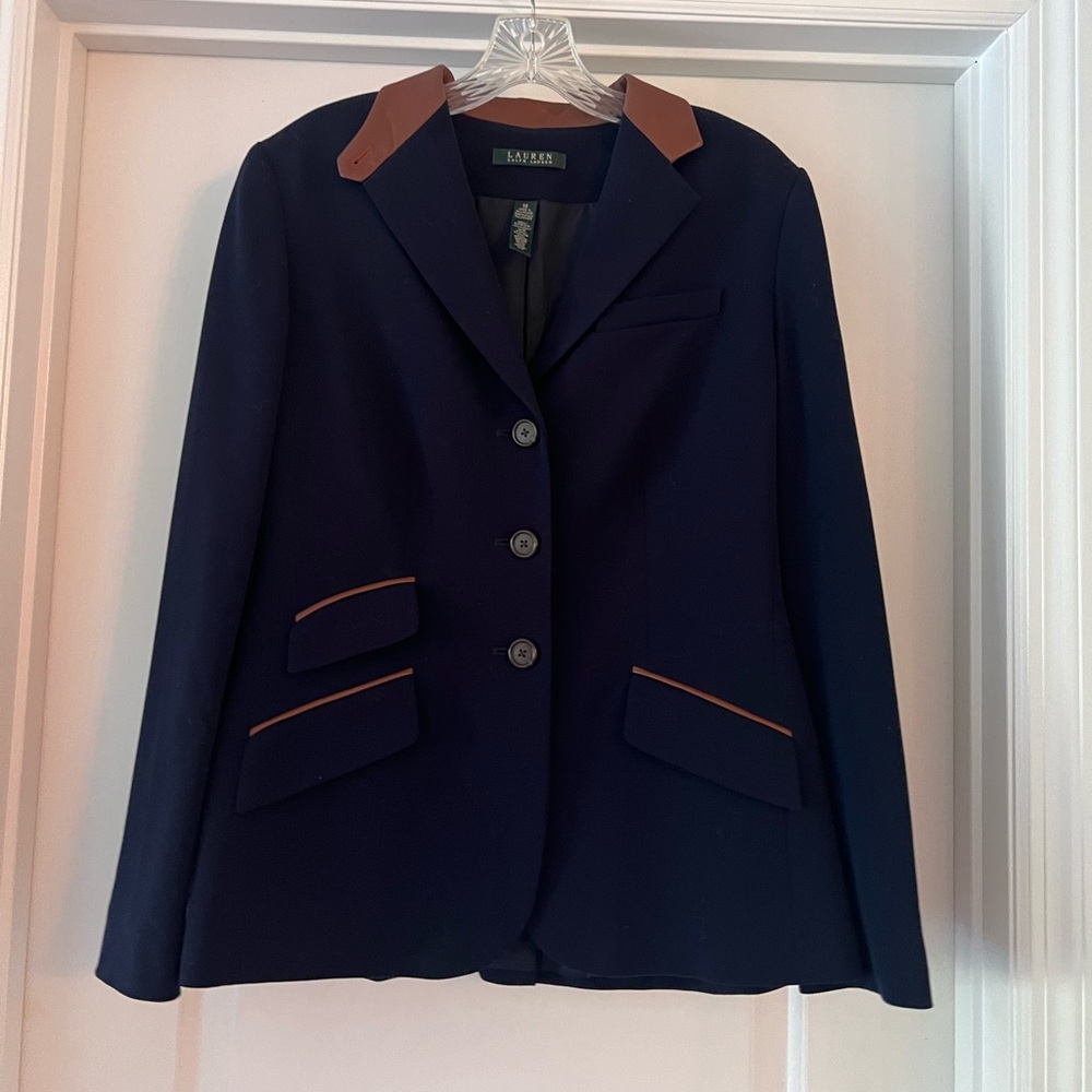 Navy Ralph Lauren Blazer with brown/tan leather collar and pocket details sz 10